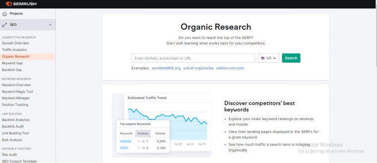SEM Rush Organic Research for Keyword Research